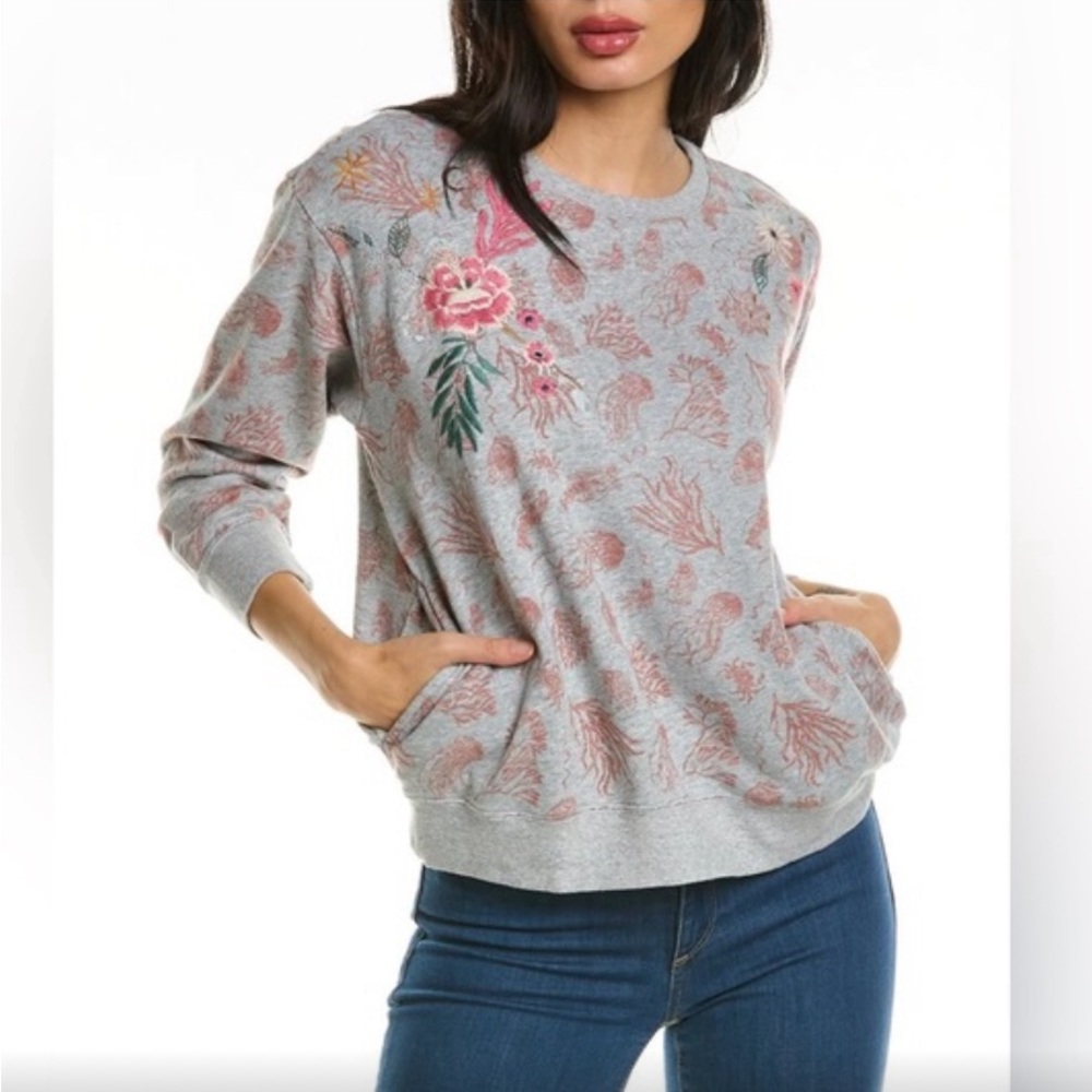 Johnny Was Sealife Embroidered Flower Jellyfish Pockets Sweatshirt Large